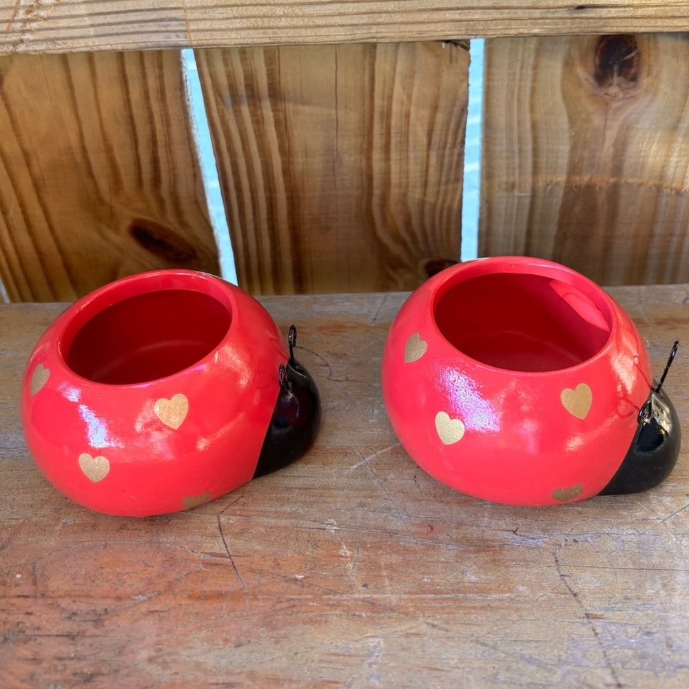 Set of 2 Rocket Farms Pink Lovebug Ladybugs Mini Planters Gold Heart Polka Dots